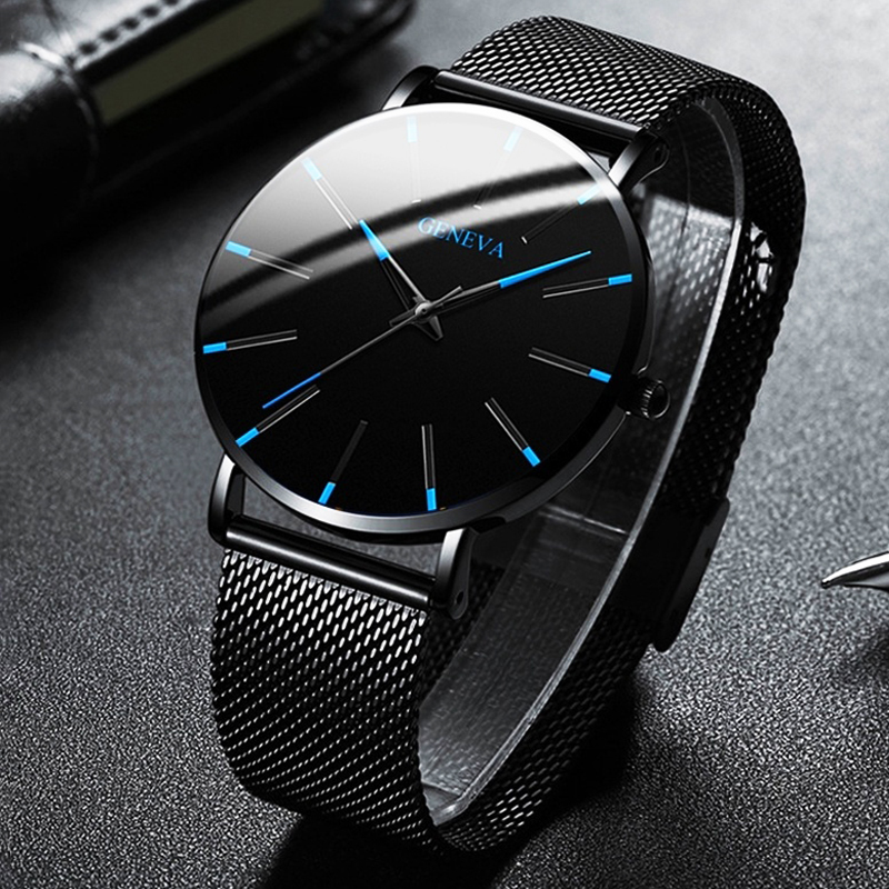 メンズウォッチ 超薄型 ステンレス メッシュベルト ビジネス クォーツ 腕時計 ギフト 父の日 | Mブラックブルー